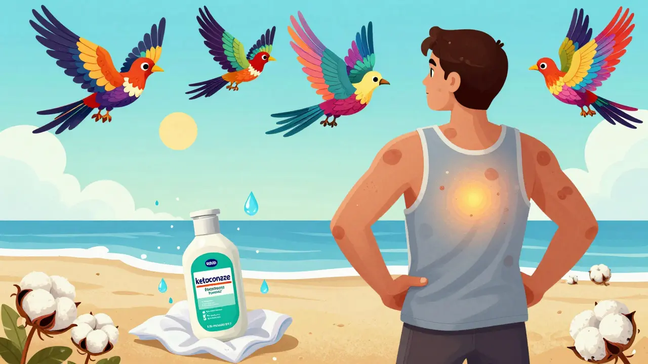 A person on a beach with fading skin patches turning into flying spirit birds, while a shampoo bottle floats as a protective talisman, all in colorful Alebrije style.