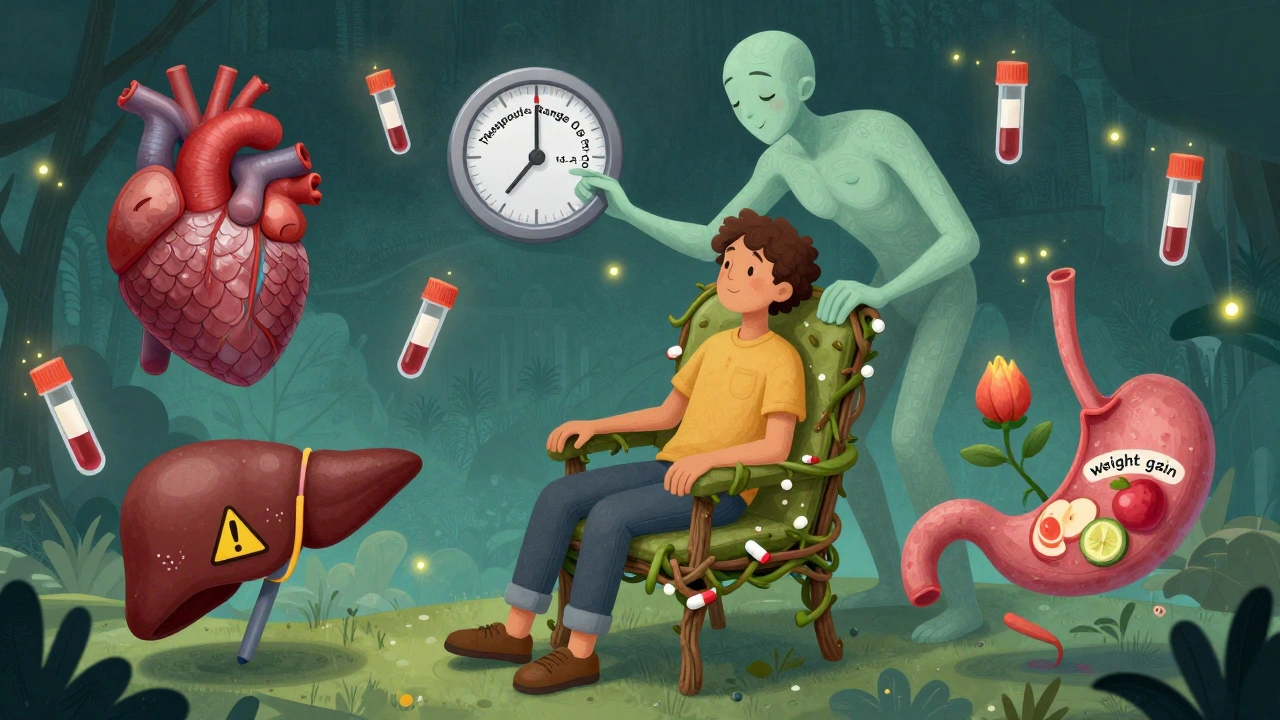 A person on a pill-vine chair with transformed body parts and a spirit adjusting a therapeutic range dial.