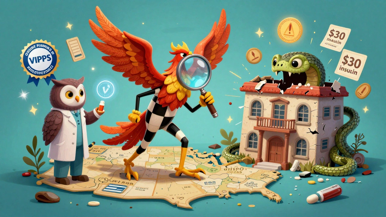 A phoenix magnifying glass checks two online pharmacies — one safe with a pharmacist owl, the other a snake-headed fraud.