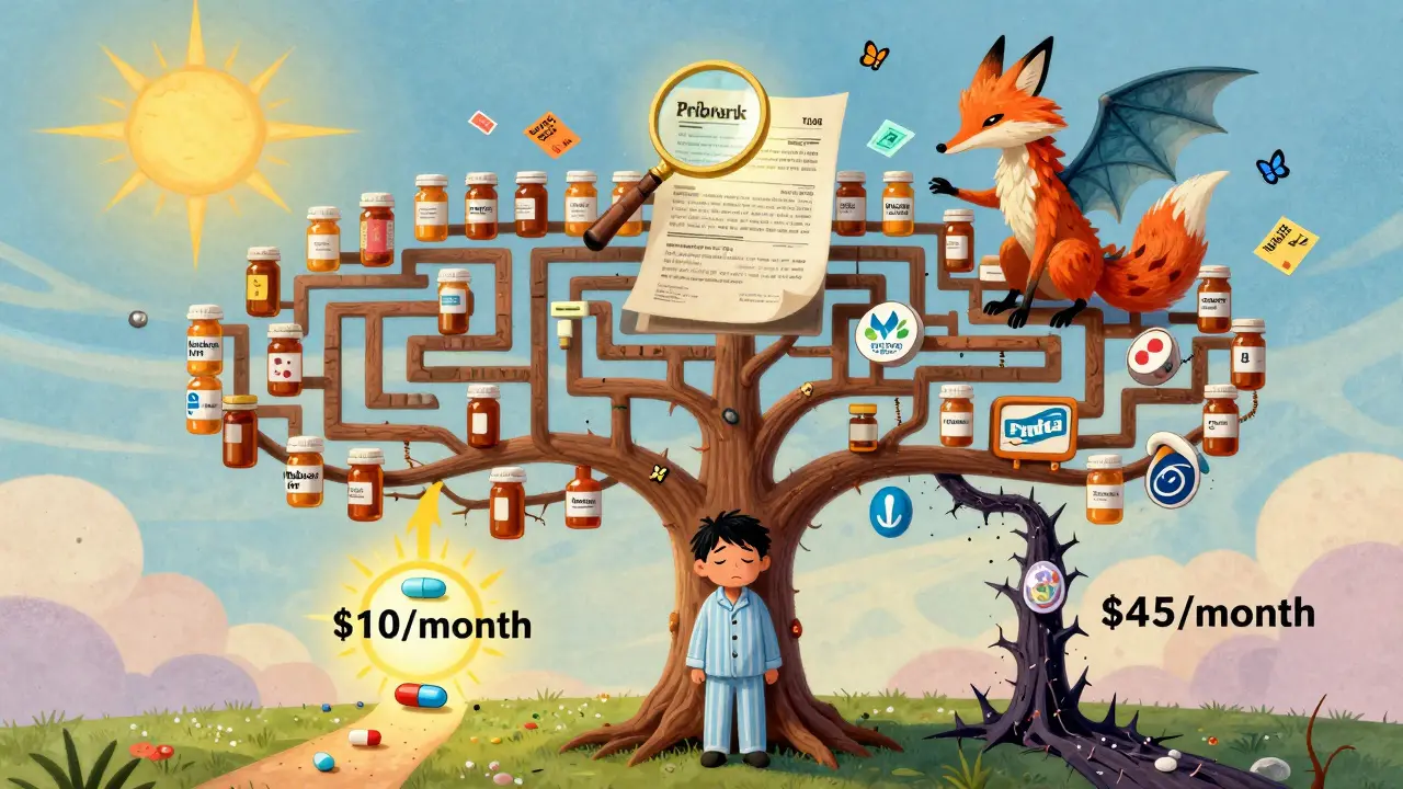 A weary patient facing a labyrinth of prescription paths, guided by a mystical alebrije spirit holding a formulary scroll, with rebates fluttering like butterflies.