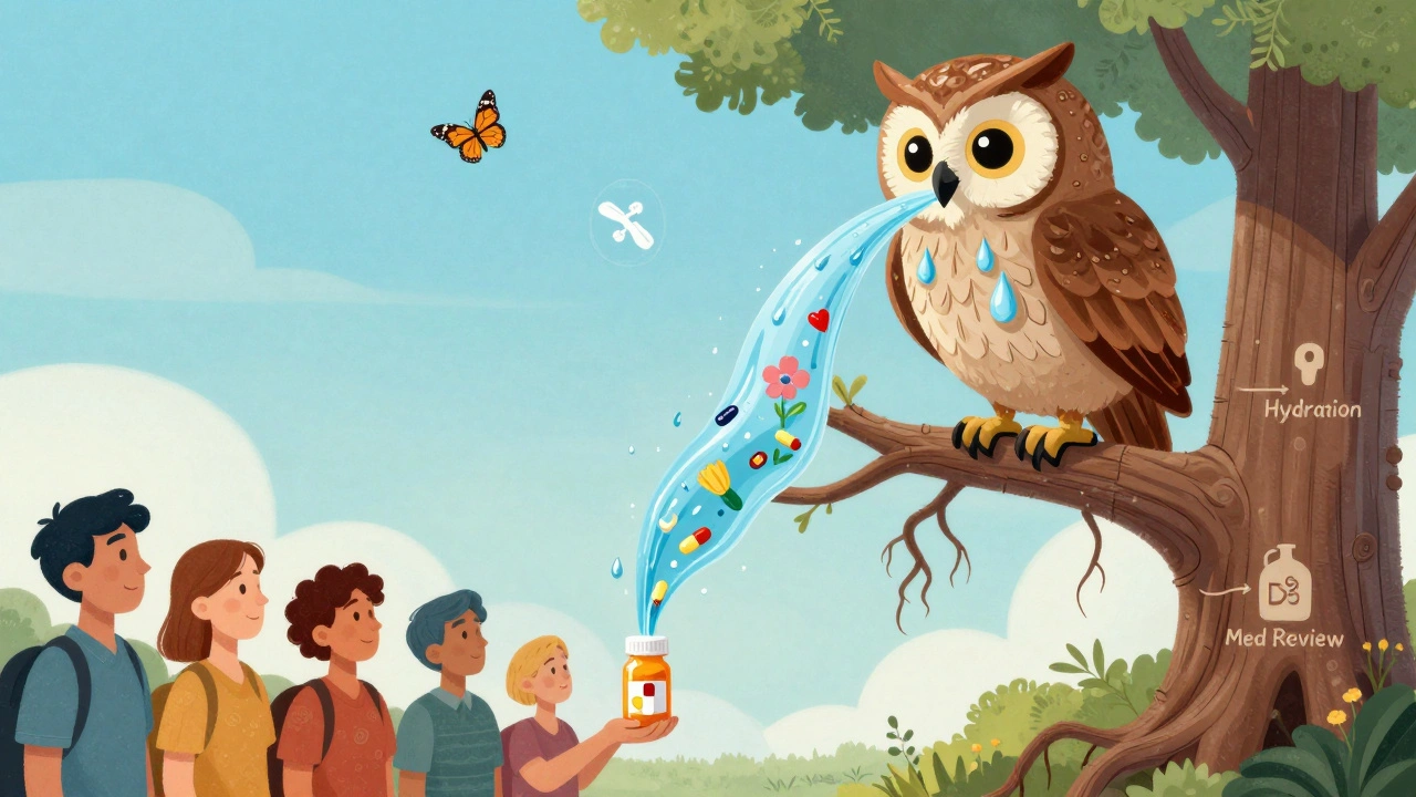 A wise kidney-owl perched on a health-themed tree, turning pills into flowers as people exchange medications.