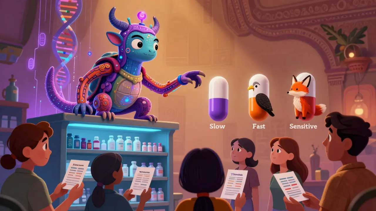 An AI oracle with genetic helixes points to personalized pill capsules shaped like animals, above diverse customers handing in DNA files.