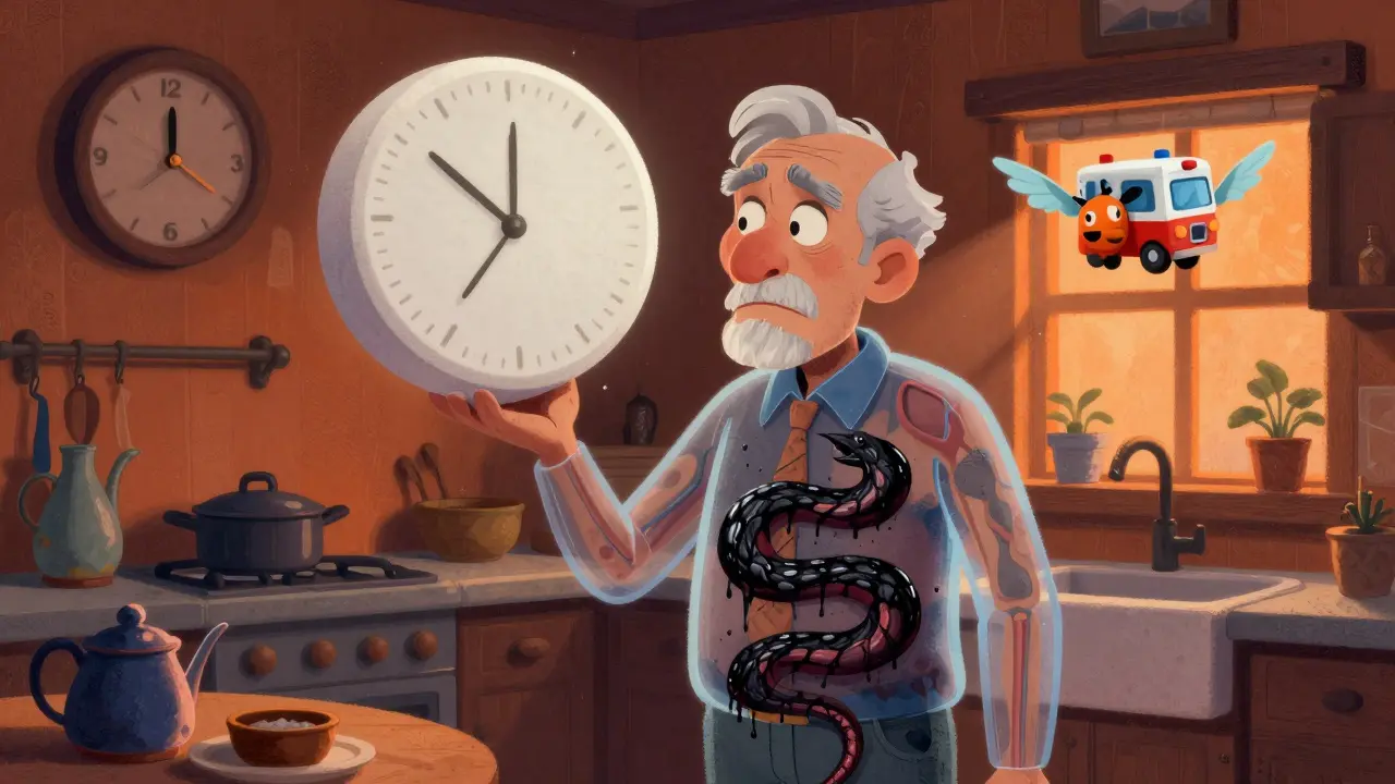 An elderly man with a clogged artery as a serpent, overshadowed by a giant antacid tablet in alebrije style.
