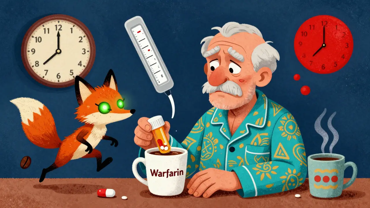 An elderly man with a warfarin bottle as a caffeine spirit pulls his INR meter into the red, in folk art colors.