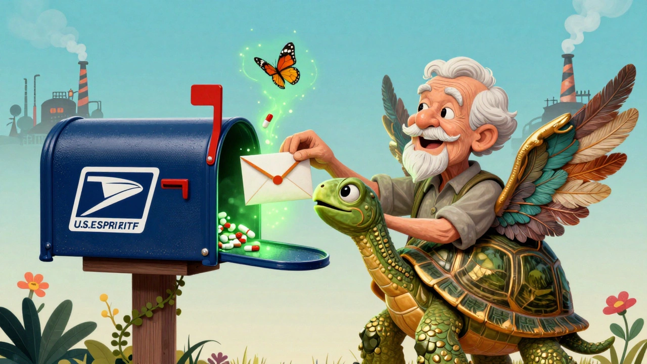 An elderly person drops a sealed medication envelope into a mythical alebrije-shaped mailbox.
