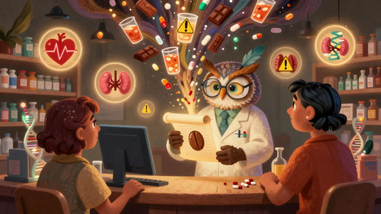 An owl pharmacist hands a coffee bean scroll warning to a patient, surrounded by floating medical symbols in alebrije style.