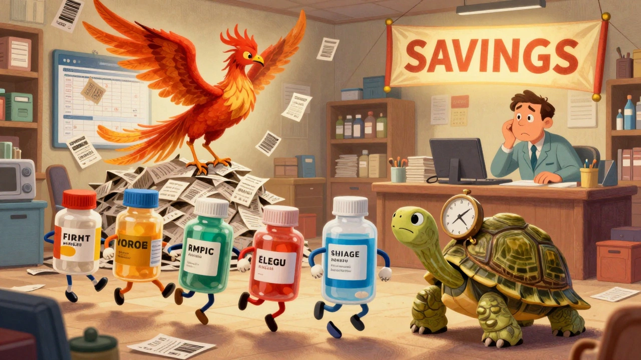 Anthropomorphic pill bottles dance in expiration order under a rising spreadsheet phoenix in a vibrant inventory room.