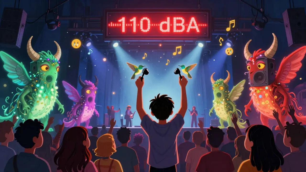 At a concert, alebrije spirits emit protective sound filters as a concertgoer uses hummingbird-shaped earplugs.