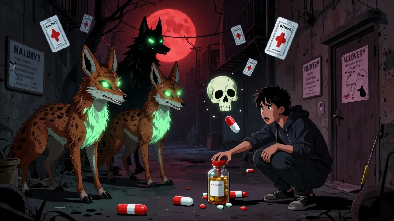 Dark alley with fentanyl pills as demonic animals, naloxone kits as spirit guardians, under a blood moon.
