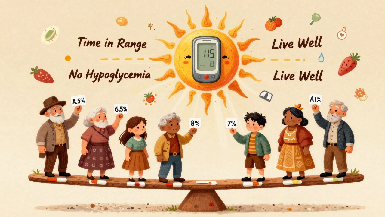 Diverse people balanced on test strips, holding different A1C numbers, under a sun-shaped CGM screen with wellness rays.