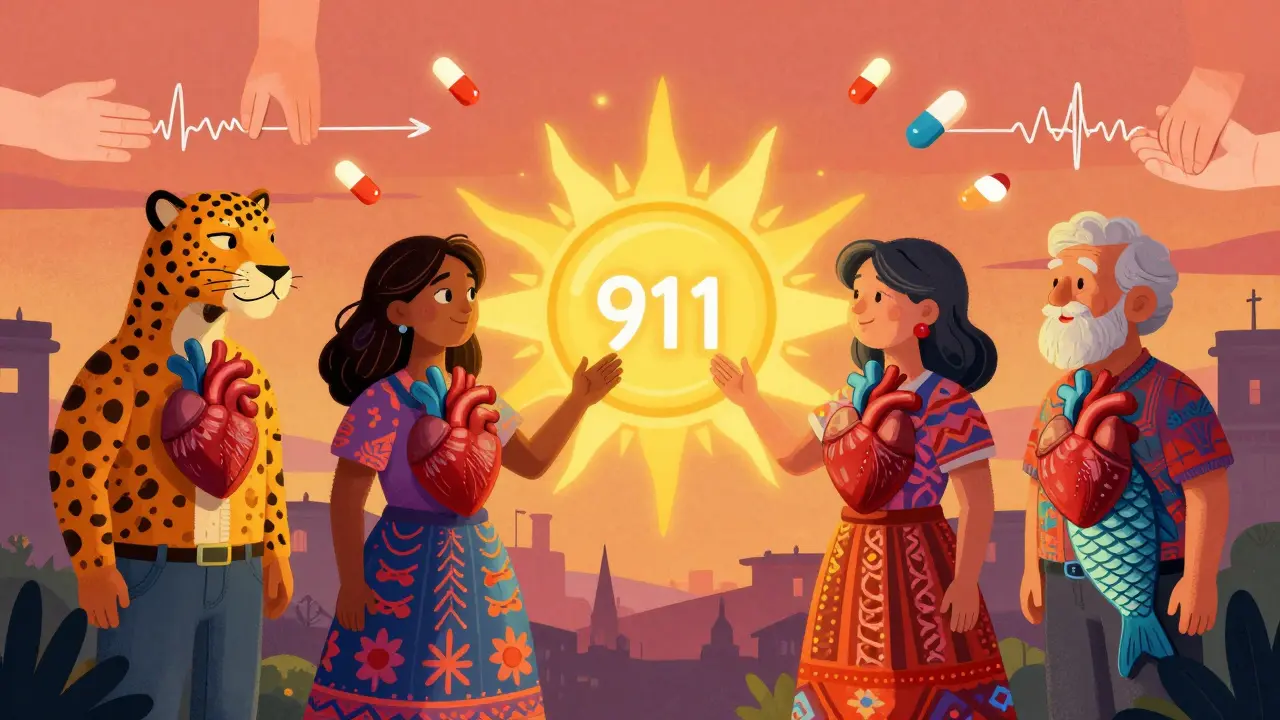 Diverse people with mythical heart-beasts reaching toward a glowing 911 button, surrounded by CPR hands and aspirin.