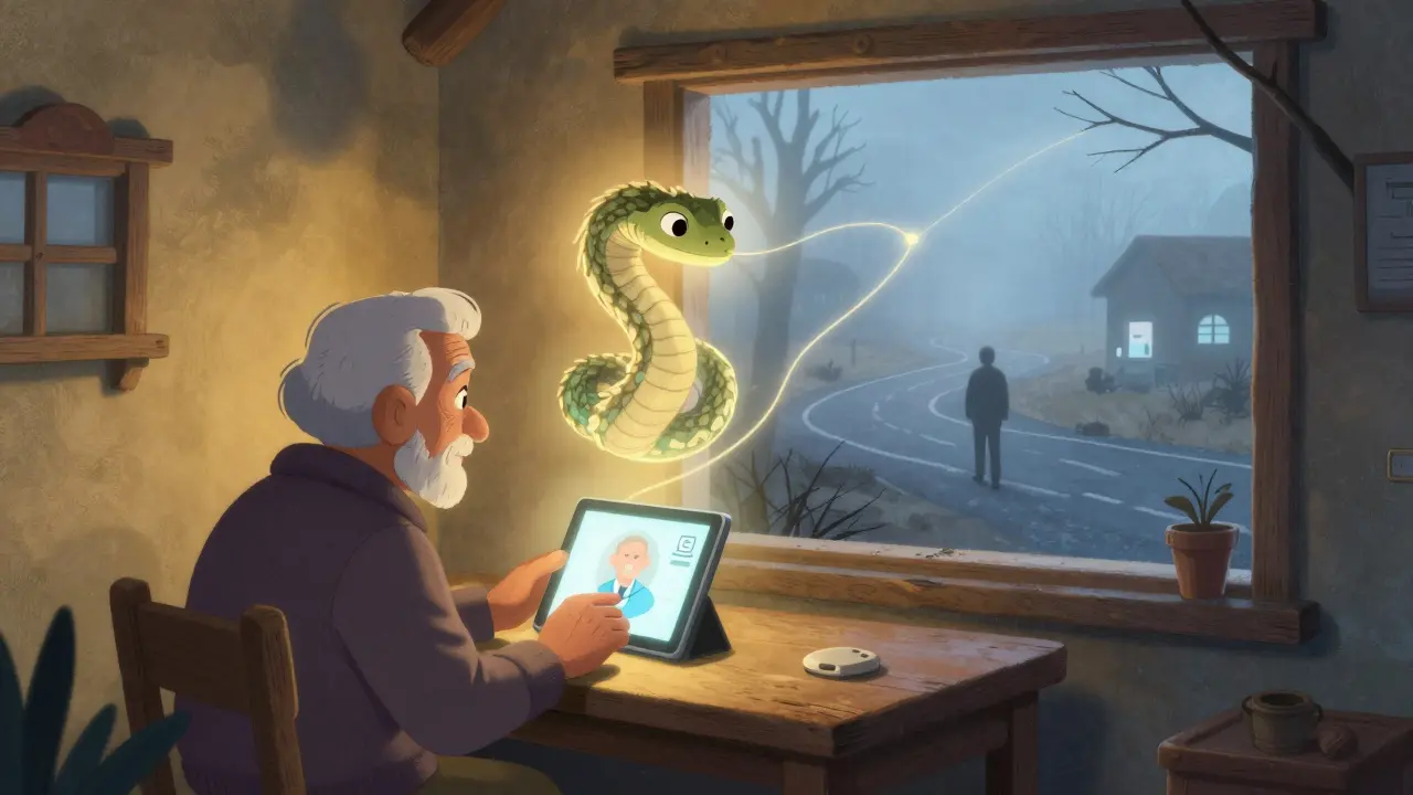 Elderly person on tablet with telehealth spirit serpent, while a lonely figure walks away in fog.