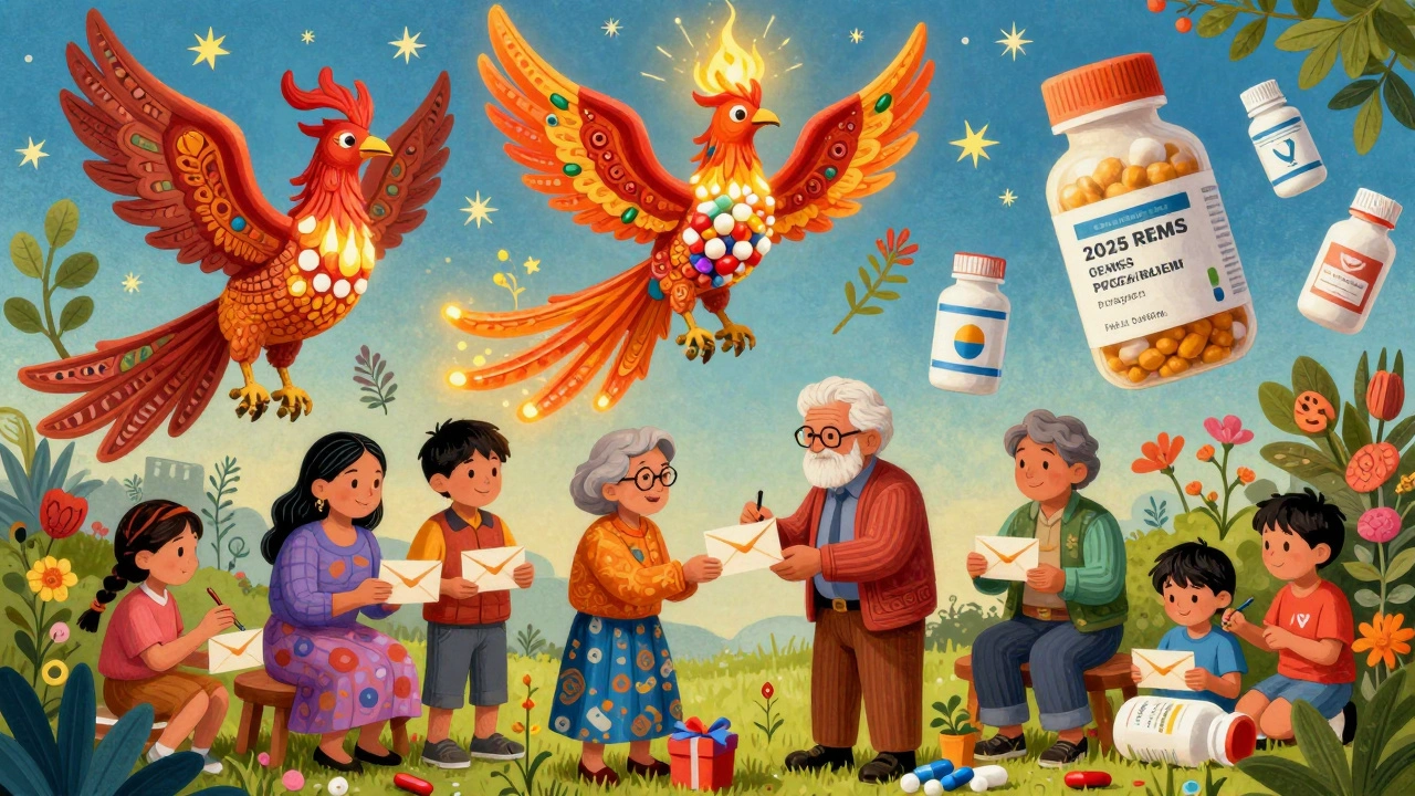 Families exchange drug disposal envelopes as gifts, guarded by fantastical creatures made of pills and herbs.