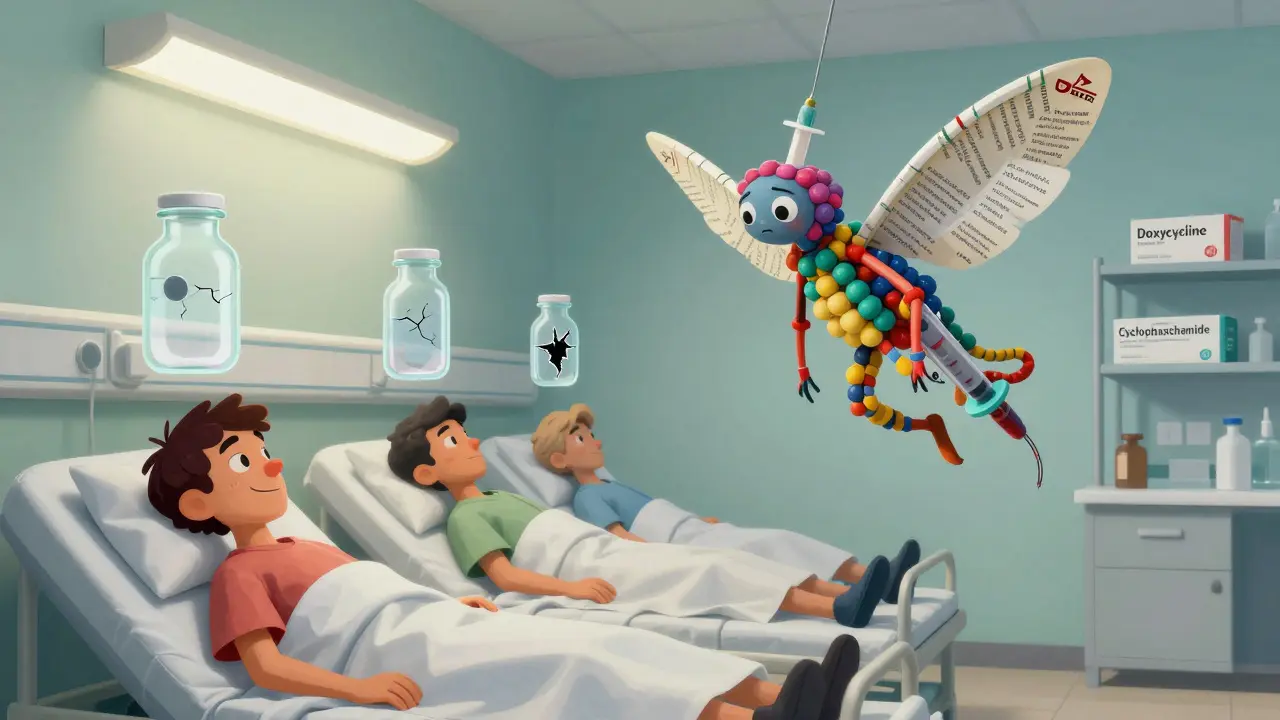 Hospital patients with floating empty medicine bottles, a sad alebrije spirit made of syringes hovering above.