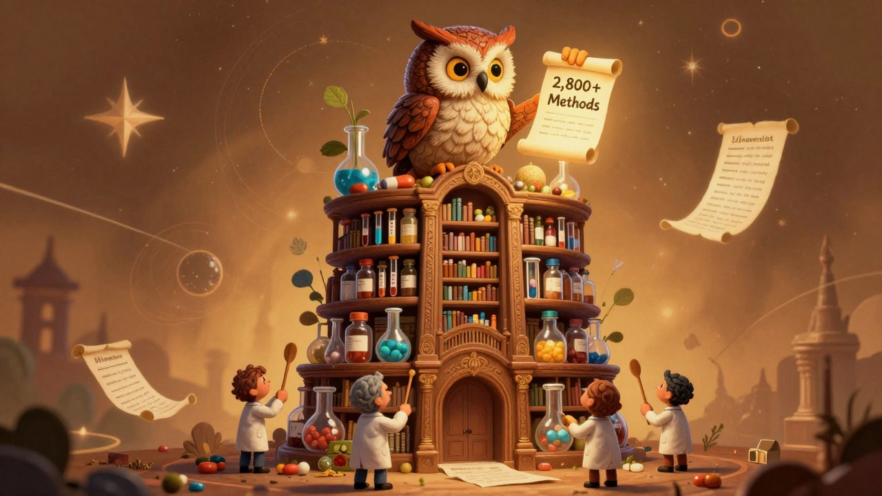 Ornate pill-bottle library with an owl spirit holding a dissolution database scroll, workers adjusting test equipment.
