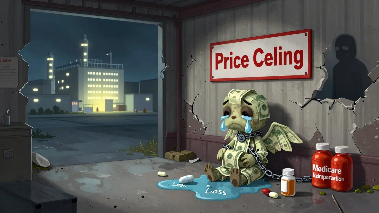 Small drug warehouse with a crying alebrije made of money and pills, chained by price ceiling shackles.