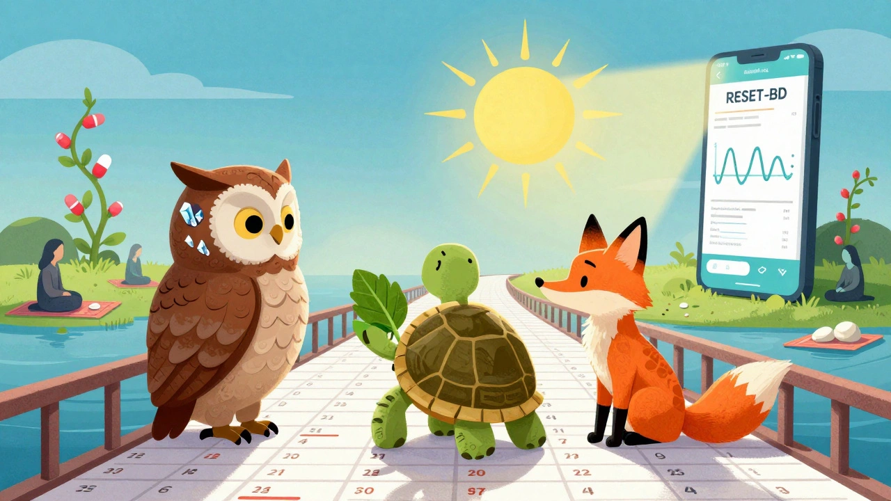 Spirit animals on a bridge of blood tests, facing a sun-shaped app under a horizon of health symbols.