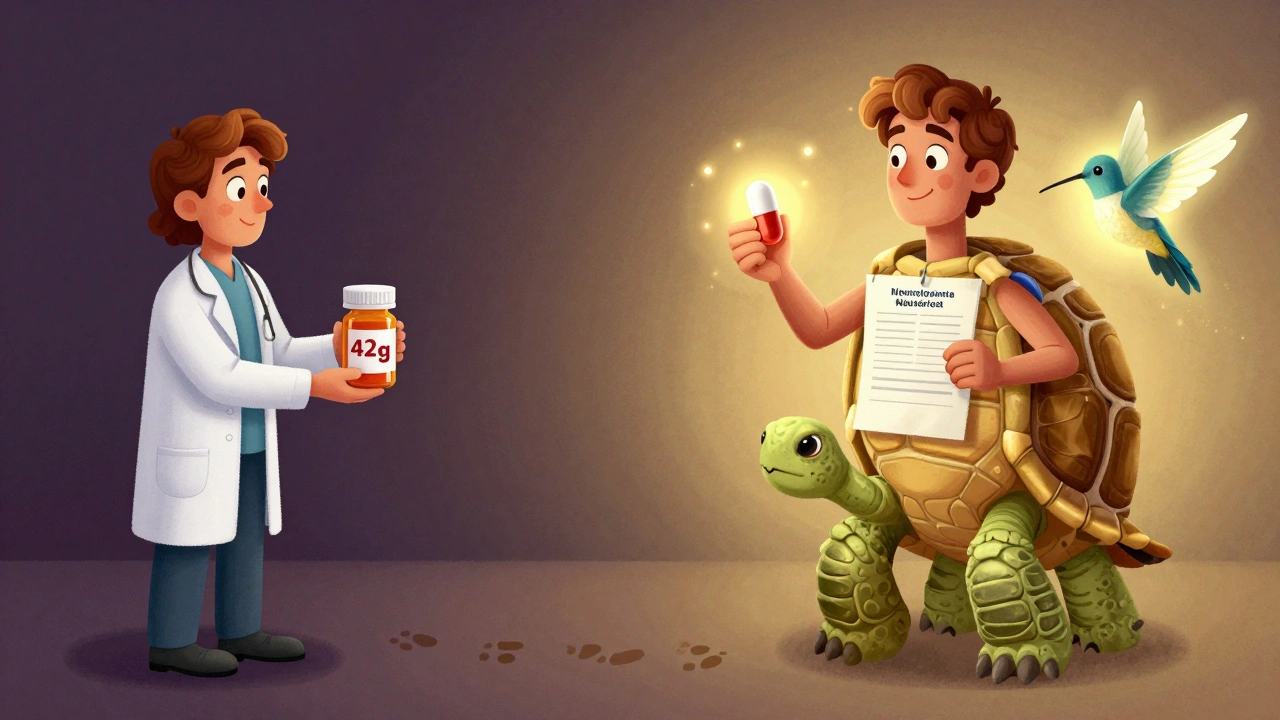Split scene: doctor giving a risky prescription vs. patient healed by protective alebrije guardians and a nerve-repairing capsule, background shifting from dark to gold.