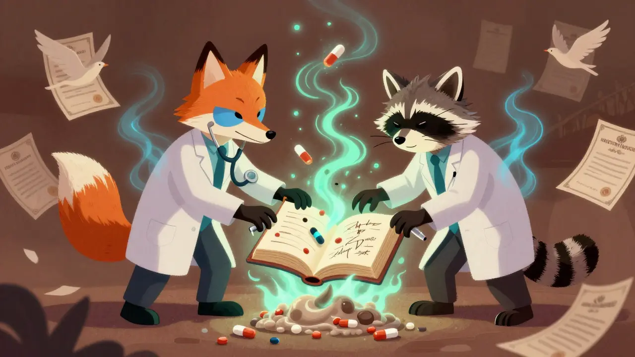 Two animal-like medical staff destroy pills together under a floating logbook with glowing signatures.