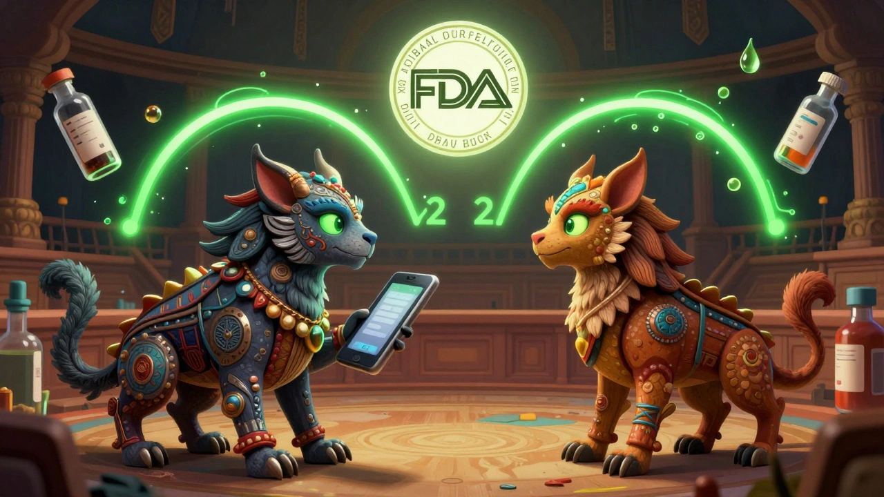 Two fantastical tablet guardians with matching f2 curves, watched over by an FDA seal and alcohol droplets.