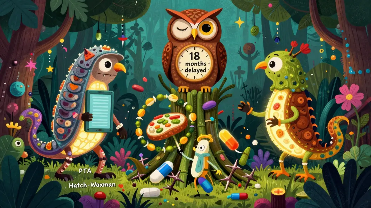 A colorful jungle of patent creatures blocking a generic drug sprite, rendered in folk-art style.