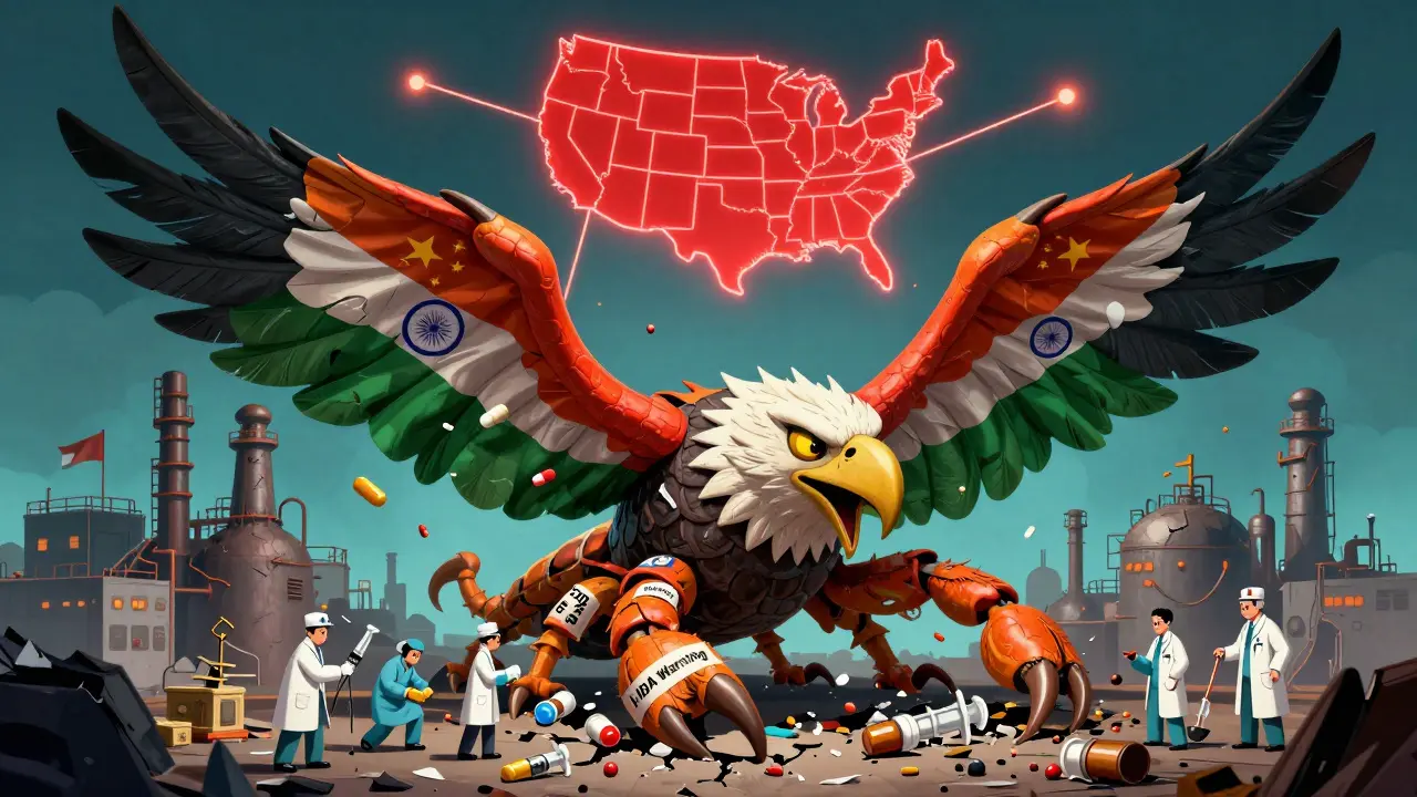 A crumbling factory-beast sheds empty drug containers while humans try to repair it with 'Low Profit' tape, as a red map glows with U.S. shortages.