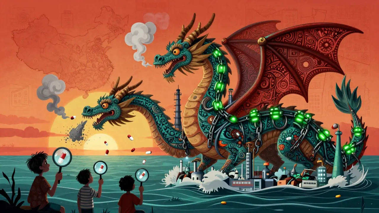 A dragon factory-breathing pills across oceans, one head leaking medicine, patients inspecting pills with magnifying glasses.
