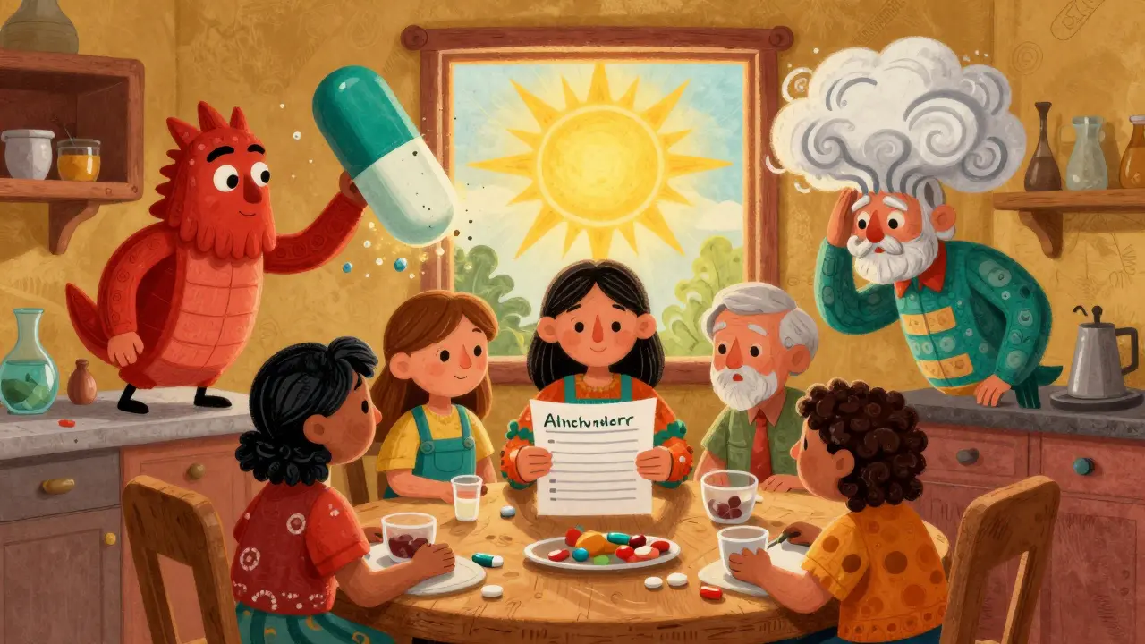 A family at a kitchen table protected by magical creature guardians made of medications, symbolizing prevention and awareness.
