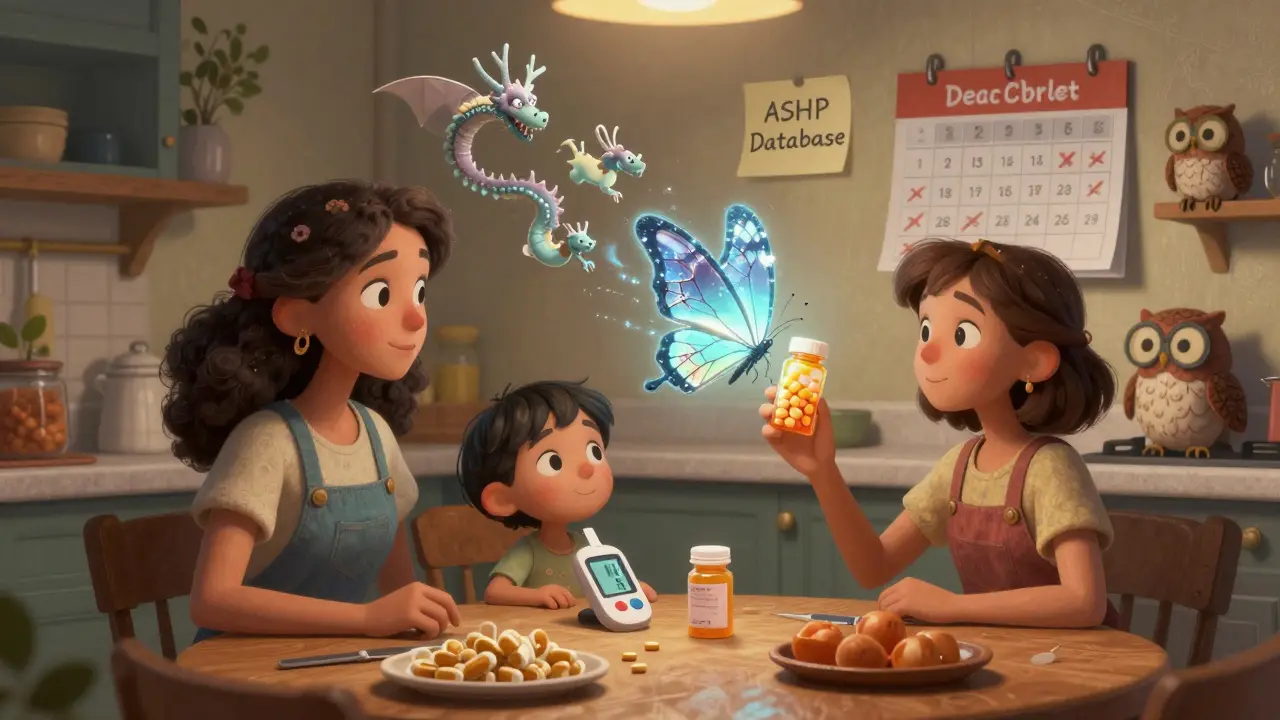 A family at a table with a crumbling butterfly-pill and fading glucagon dragons; an owl in glasses watches as a sticky note reads 'ASHP Database'.