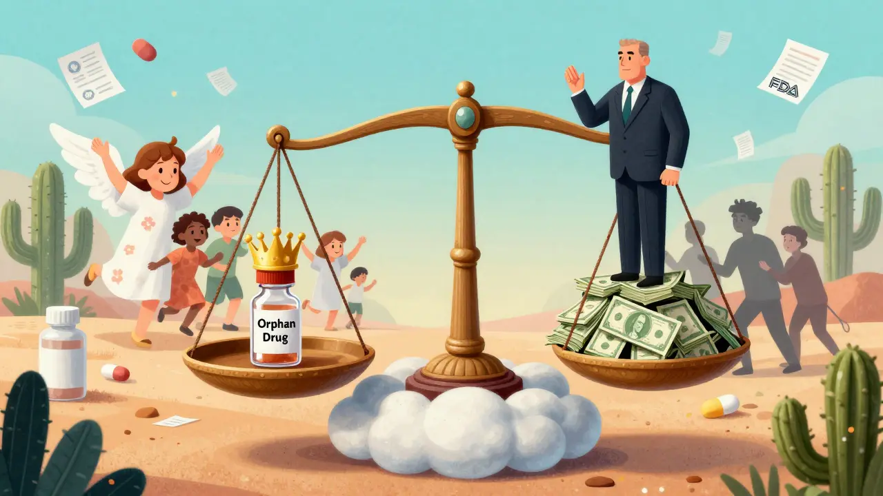 A fantastical scale balances an orphan drug crown against mountains of cash, with patient-angels cheering and patent impostors lurking.