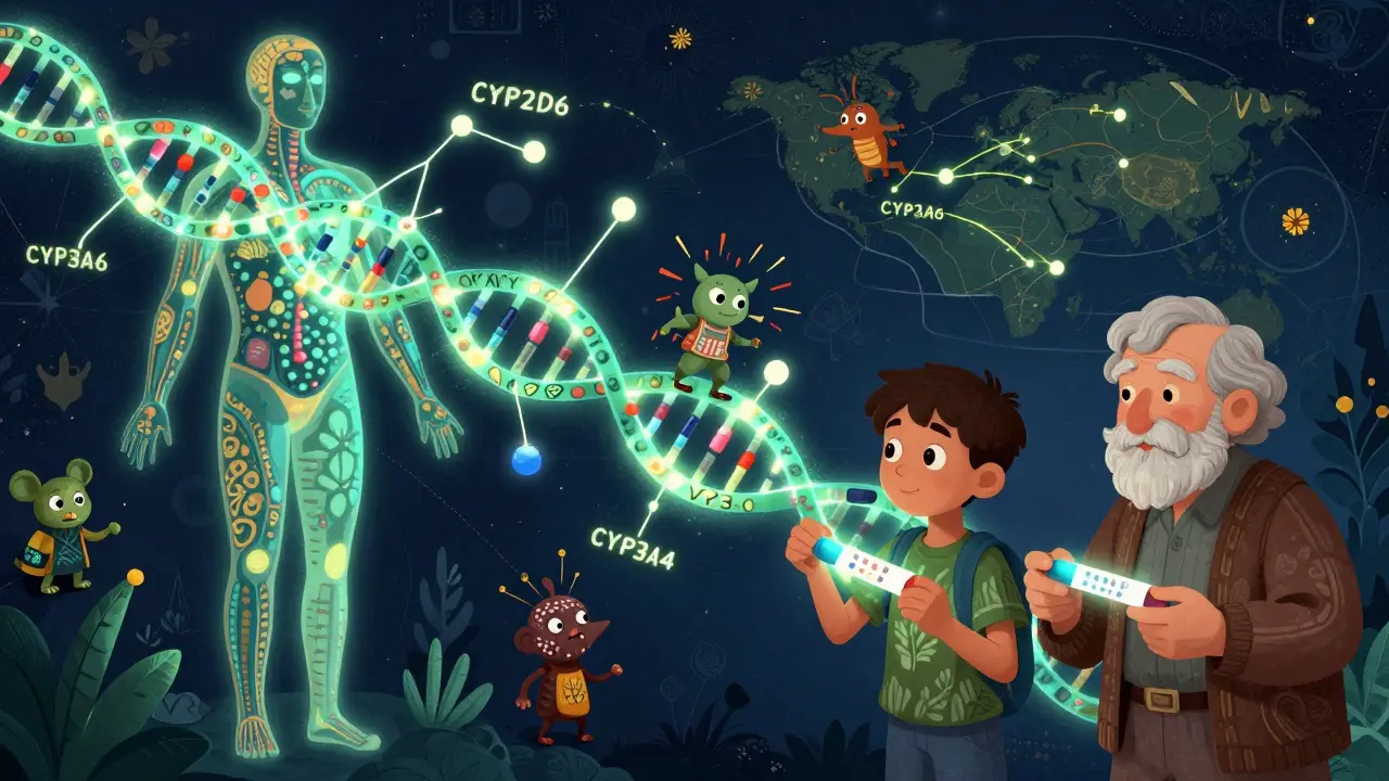 A glowing genetic helix with enzyme pathways and alebrije creatures interacting with pills, illustrating personalized drug interaction risks.