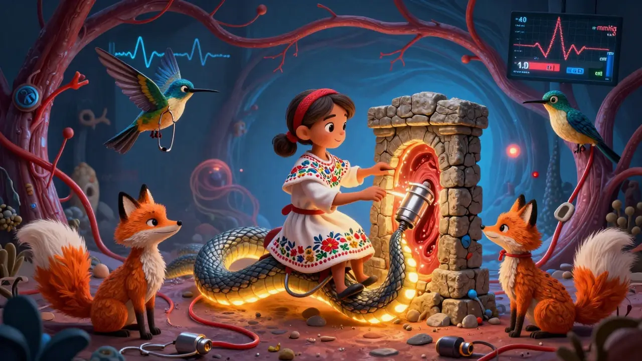 A healer riding a catheter-snake to insert a valve into a calcified heart gate, surrounded by magical guardian animals and medical symbols.