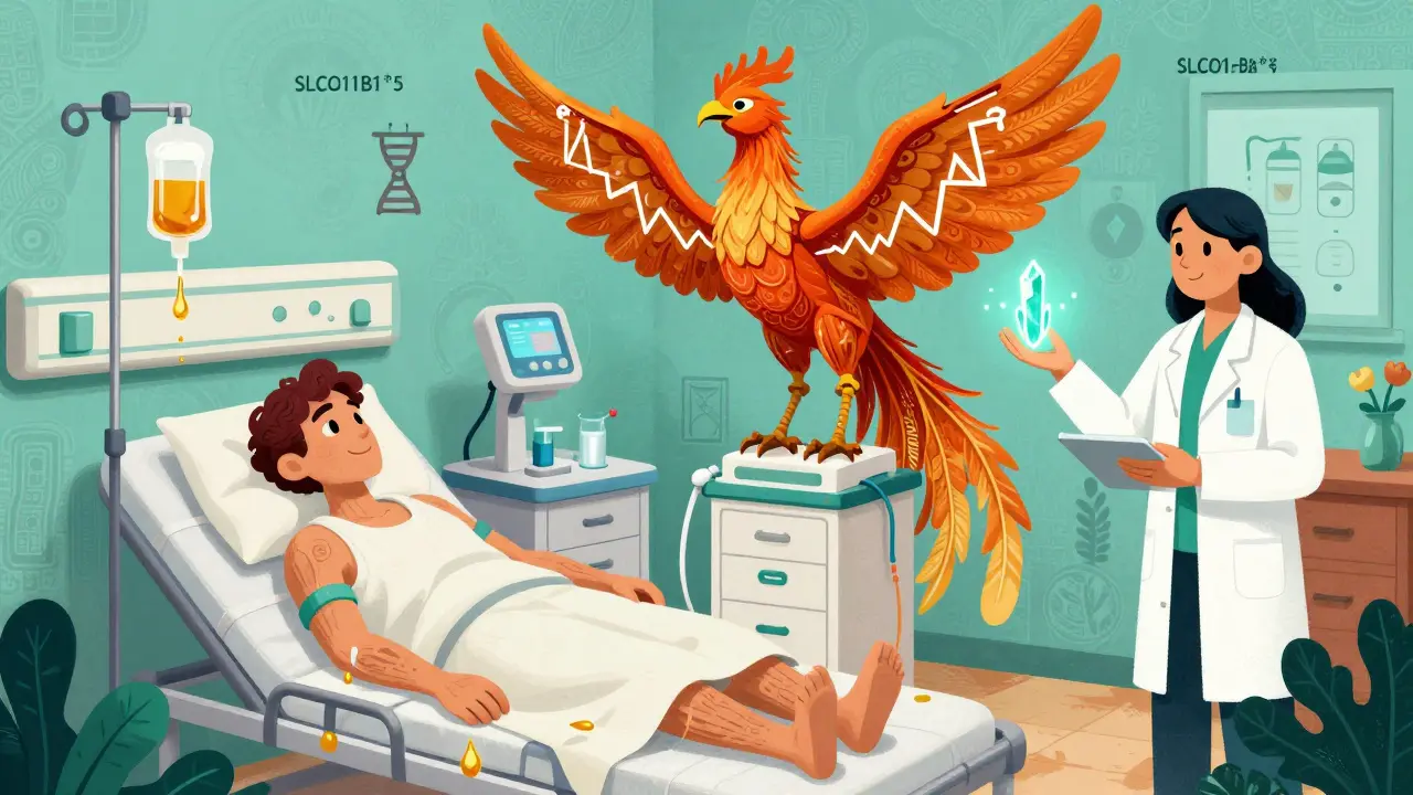 A hospital scene transforms into a mystical landscape with a muscle phoenix rising from dialysis, guarded by a pharmacist with a protective crystal.