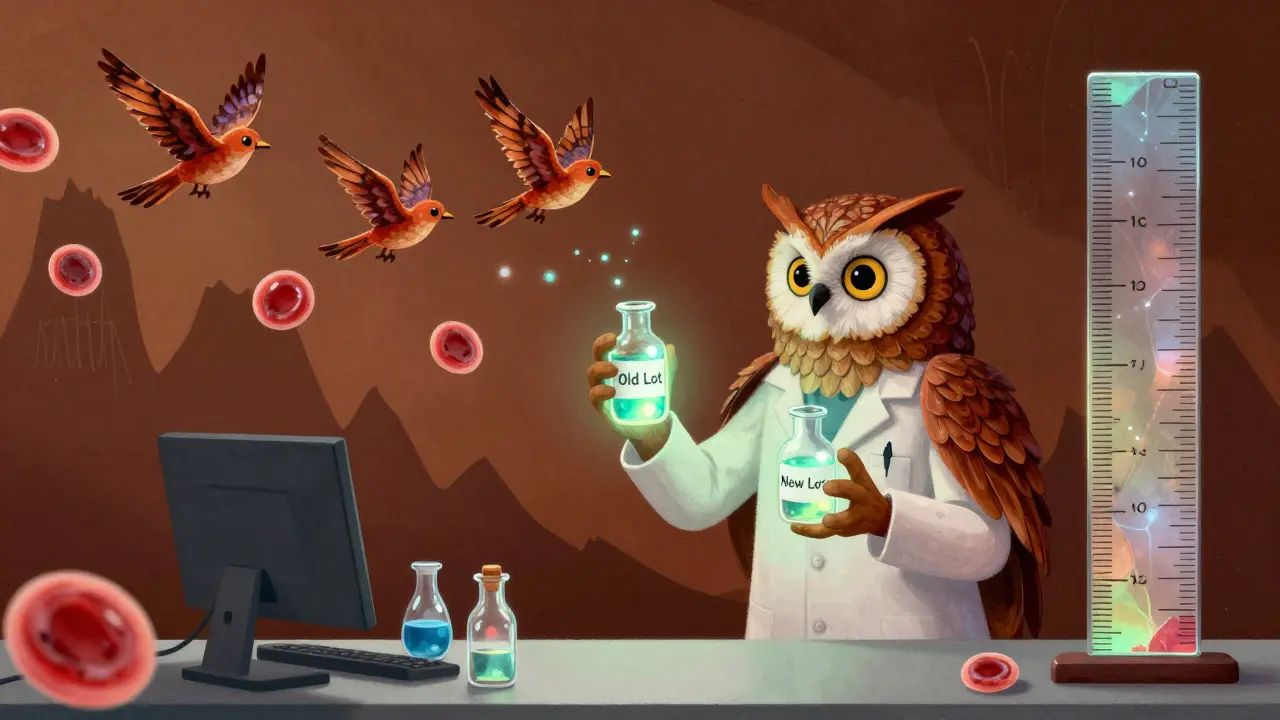 A lab technician owl-spirit comparing two glowing vials while patient blood cells fly in different patterns, surrounded by analytical tools.