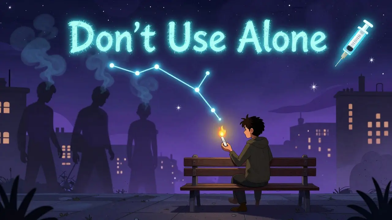 A lone person testing drugs at night, shadowy past selves fading, with a naloxone syringe shining like a star in a celestial Alebrije sky.