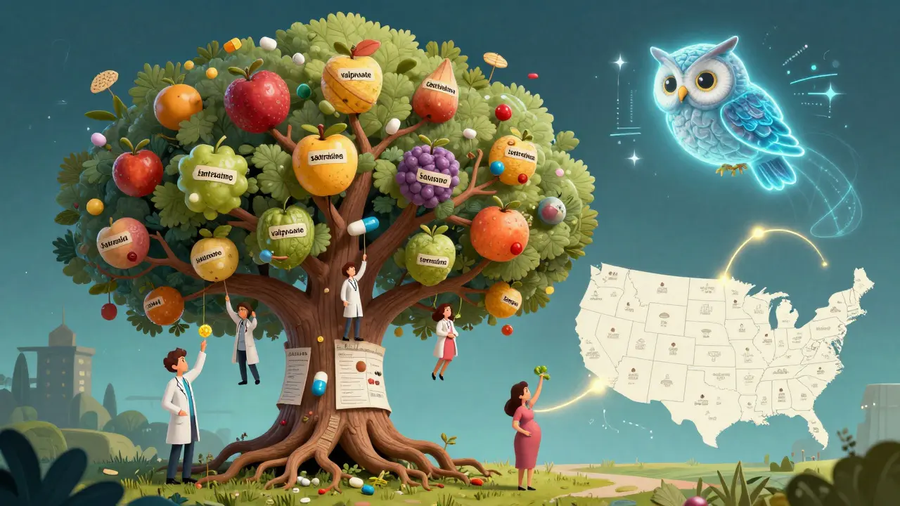 A magical tree with pill-shaped fruit, climbed by healthcare providers and pregnant women, under a glowing AI owl watching over connected medical centers.