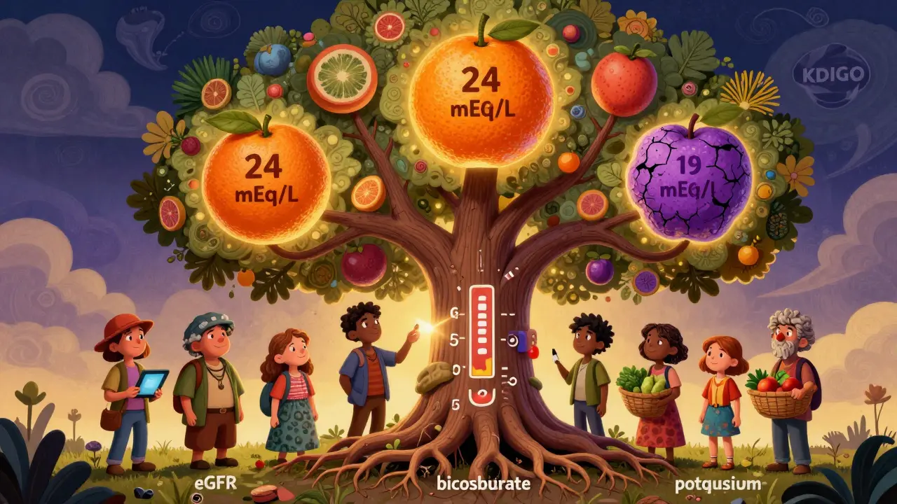 A medical tree with blood test fruit, some ripe and glowing, others shriveled, as diverse patients stand beneath with pills or produce.