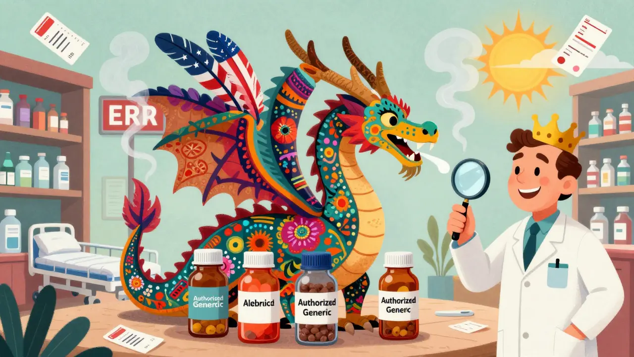 A multi-headed dragon made of pill bottles, each representing different manufacturers, in vivid Alebrije illustration style.