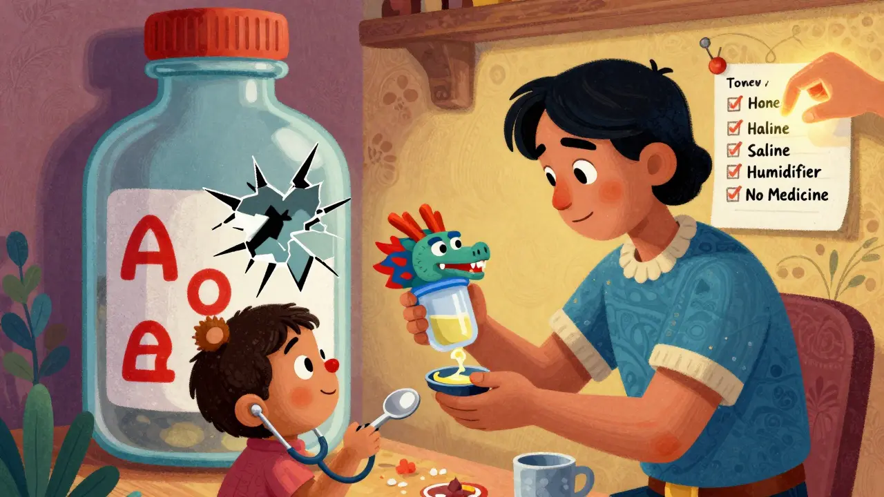 A parent measures medicine with a dragon-claw cup while a broken bottle leaks warnings, and a toy bear watches a safety checklist.