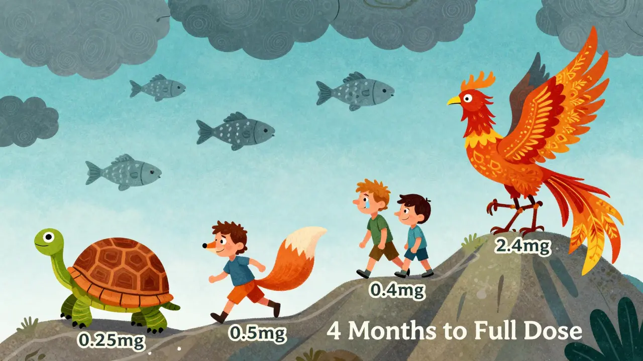 A path of animal-shaped dose increments climbing a mountain, with nausea clouds fading behind, in vibrant Alebrije art.