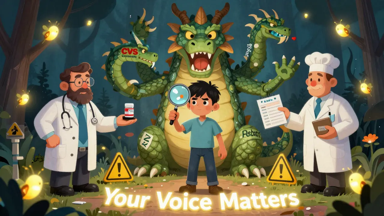 A patient confronting a pharmacy dragon while holding a pill label and DAW-1 stamp, with warning fireflies nearby.