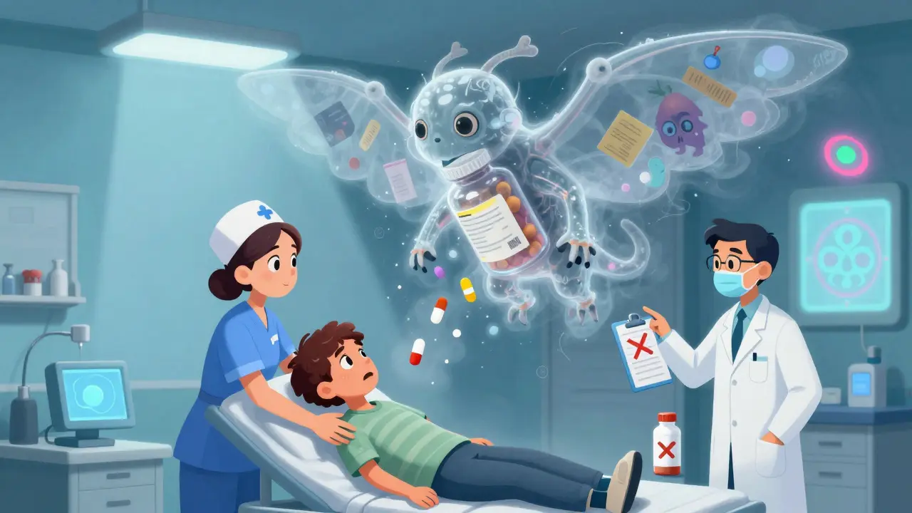 A patient in an emergency room as a pill-bottle alebrije dissolves into mist, with doctors marking a dangerous drug on a clipboard.