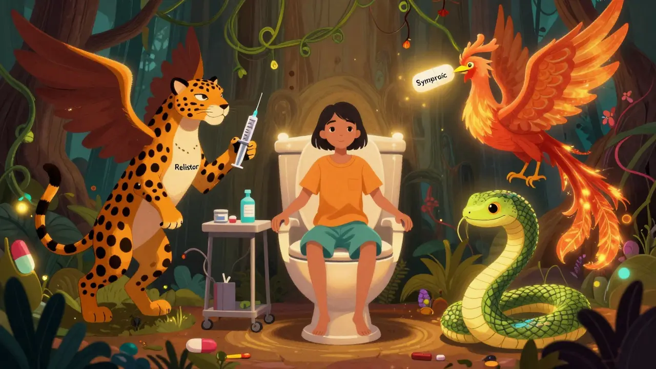 A patient on a throne-like toilet with three magical animal spirits representing PAMORA medications in colorful Alebrije art.