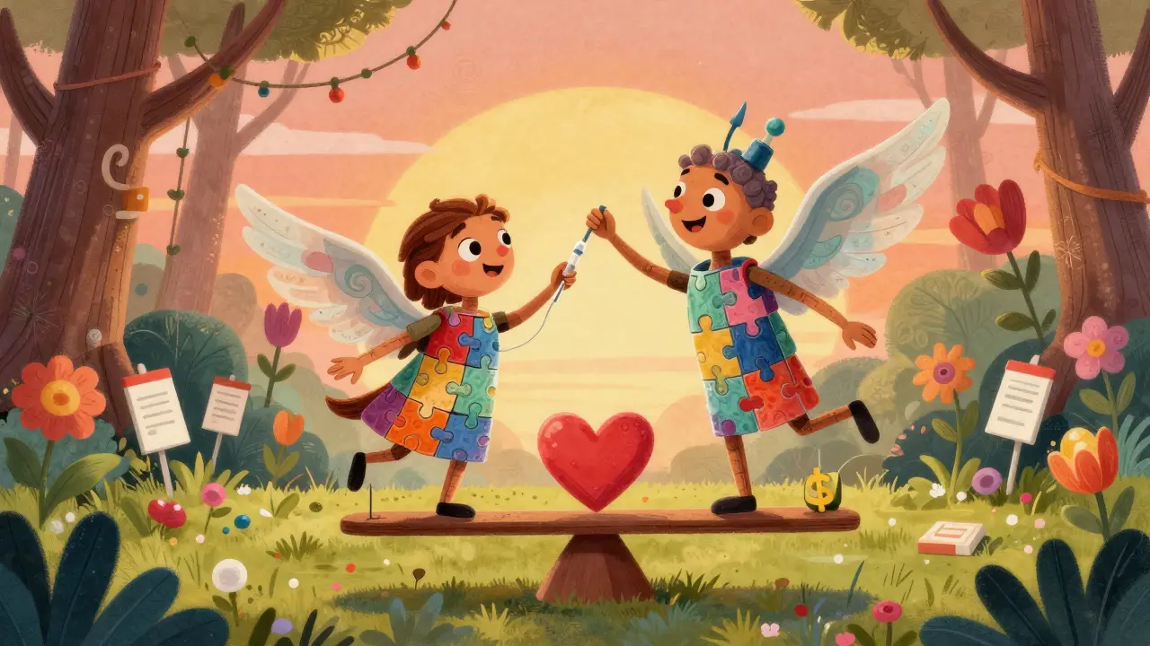 A patient receiving an injection from a biosimilar spirit whose puzzle-body matches the original, both dancing on a balanced scale with interchangeable labels.