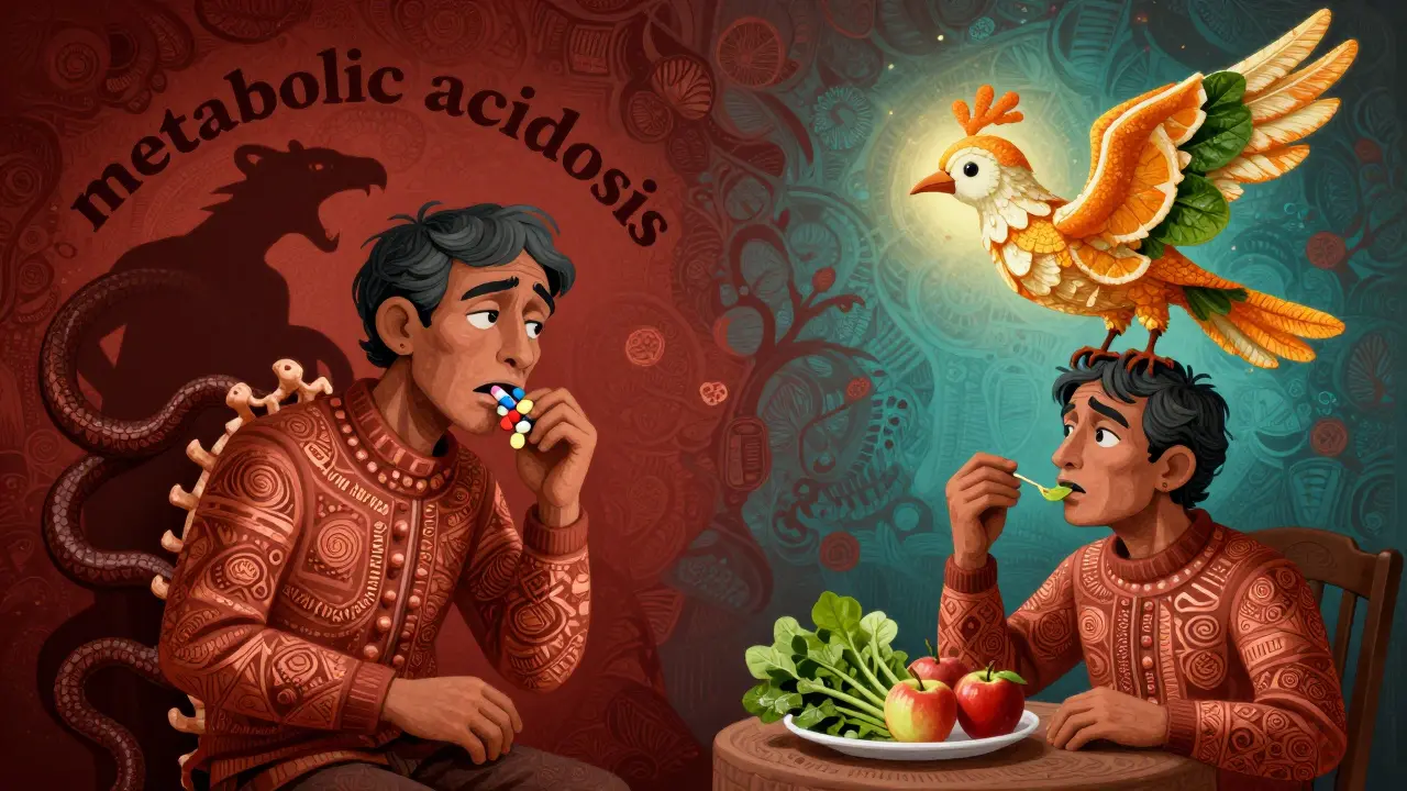 A patient taking pills while a serpent of acid wraps around them, contrasted with a guardian bird made of greens lifting the acid away.