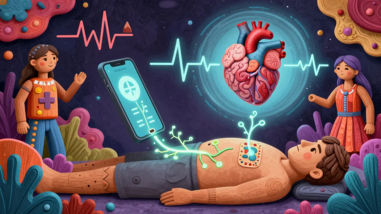 A patient with a decorative patch connected to a phone by glowing data vines, with health metrics swirling around.