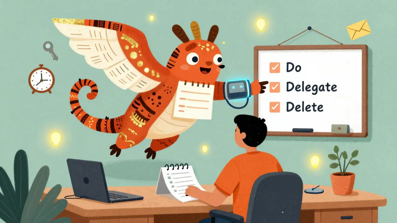 A person at a desk with a friendly alebrije creature above holding a blood pressure cuff and checklist.