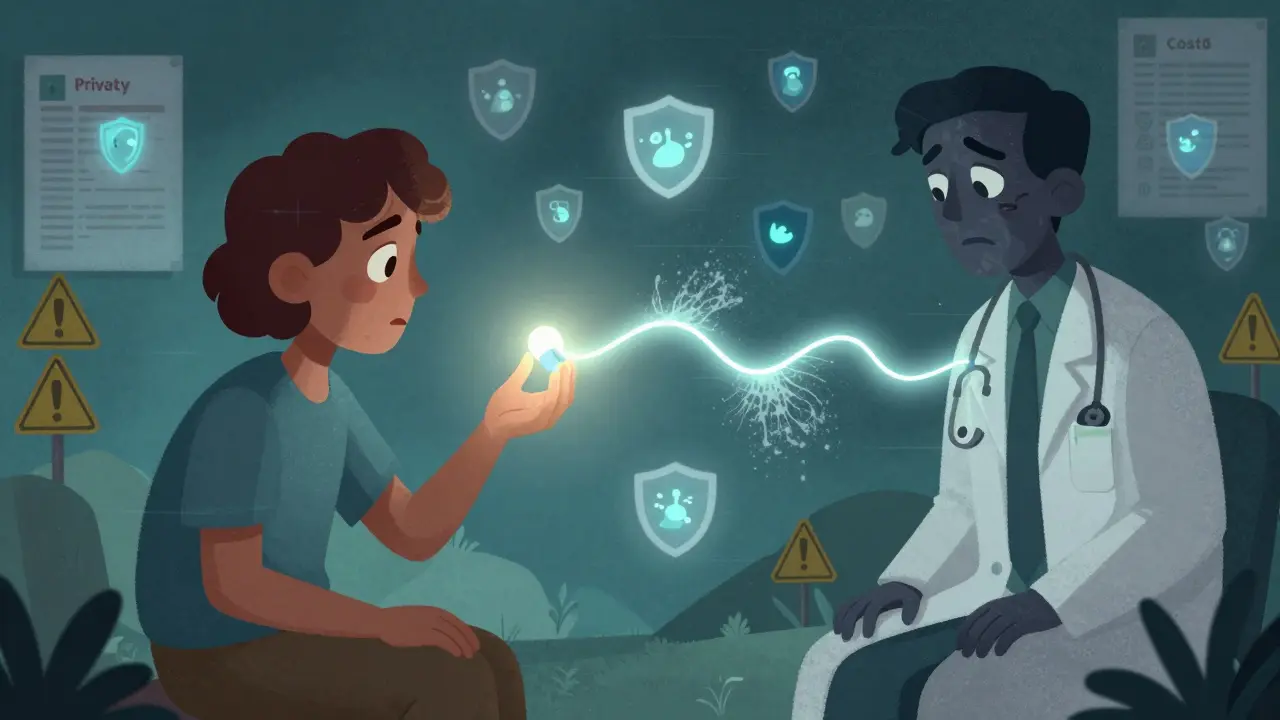 A person holding a pill as a fragmented doctor watches, with a fading digital thread between them.