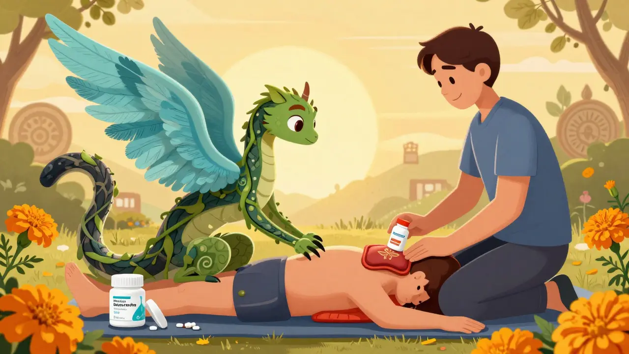 A person stretching safely as a glowing, feathered alebrije protects their stomach, replacing dangerous pills with heat and therapy.