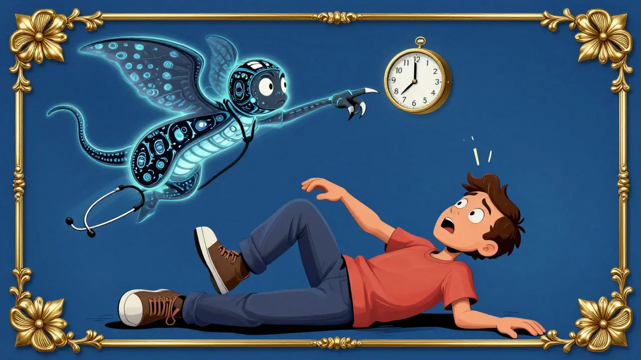 A person with stroke symptoms surrounded by a mystical MRI-winged creature pointing to a ticking clock in colorful folk-art style.
